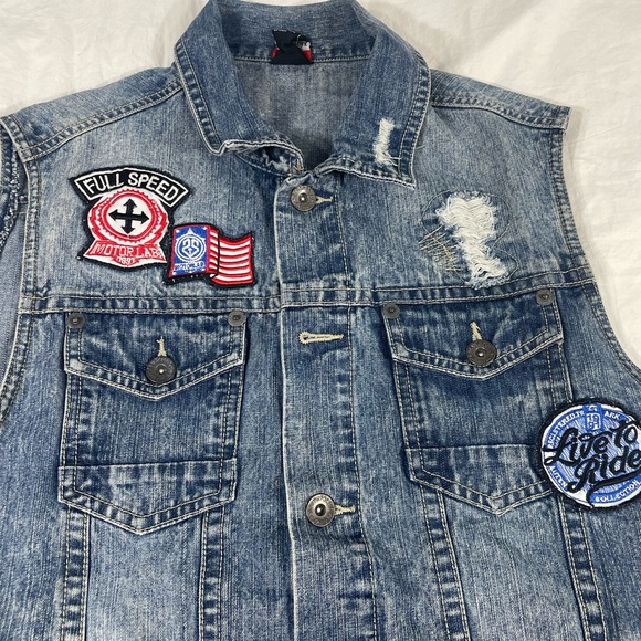 Southpole Premiun Mens Blue Biker Patched Denim Vest Size L - Picture 5 of 15